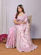 Pink Satin Silk Embroidered Saree With Stitched Blouse - Nimaya Kaksha | Grocsy