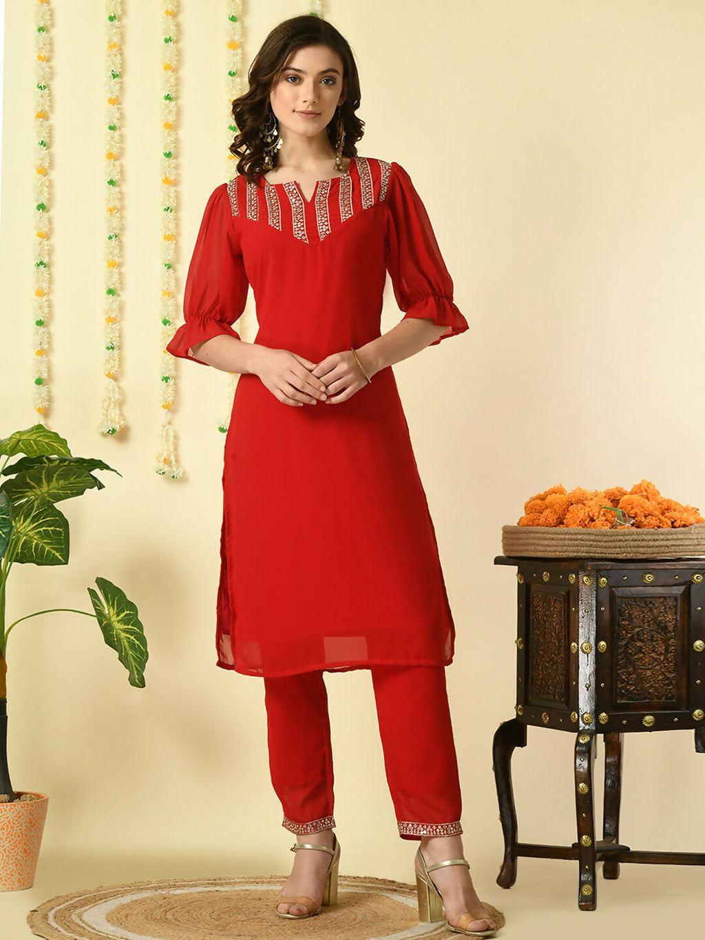 Myshka Women's Red Georgette Kurta With Trousers Party Sets | Grocsy