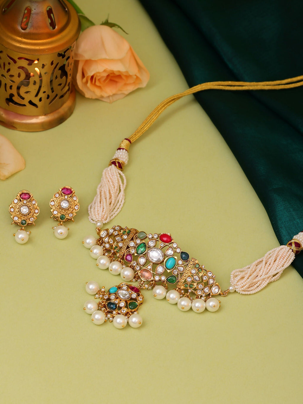 Ruby Raang Gold Polished Kundan Work Multi-Color Navratan Kundan Choker With Stud Earrings | Grocsy