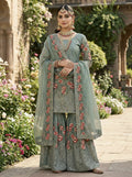 Teeya Creation Teal Fendy Silk Heavy Embroidery Work Party Wear Sharara Suit | Grocsy