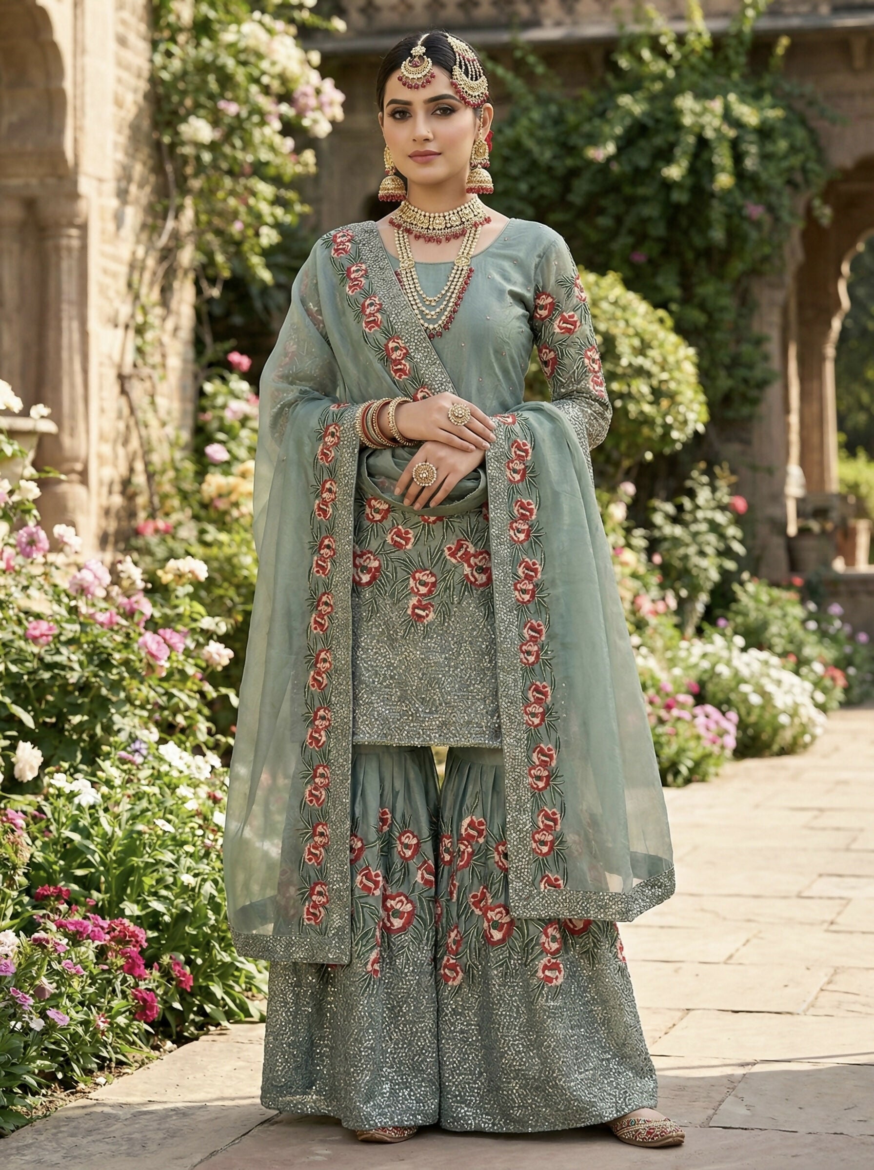 Teeya Creation Teal Fendy Silk Heavy Embroidery Work Party Wear Sharara Suit | Grocsy