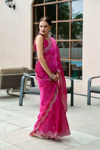 Vastranavya Pink Embroidery Work Shimmer Chiffon Saree with Unstitched Blouse | Grocsy
