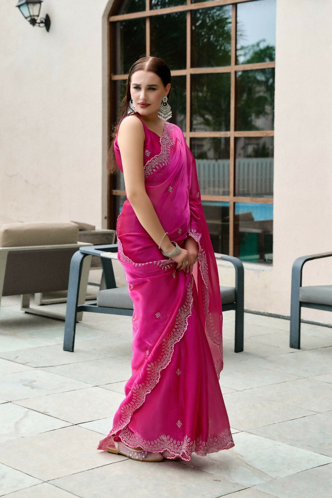 Vastranavya Pink Embroidery Work Shimmer Chiffon Saree with Unstitched Blouse | Grocsy