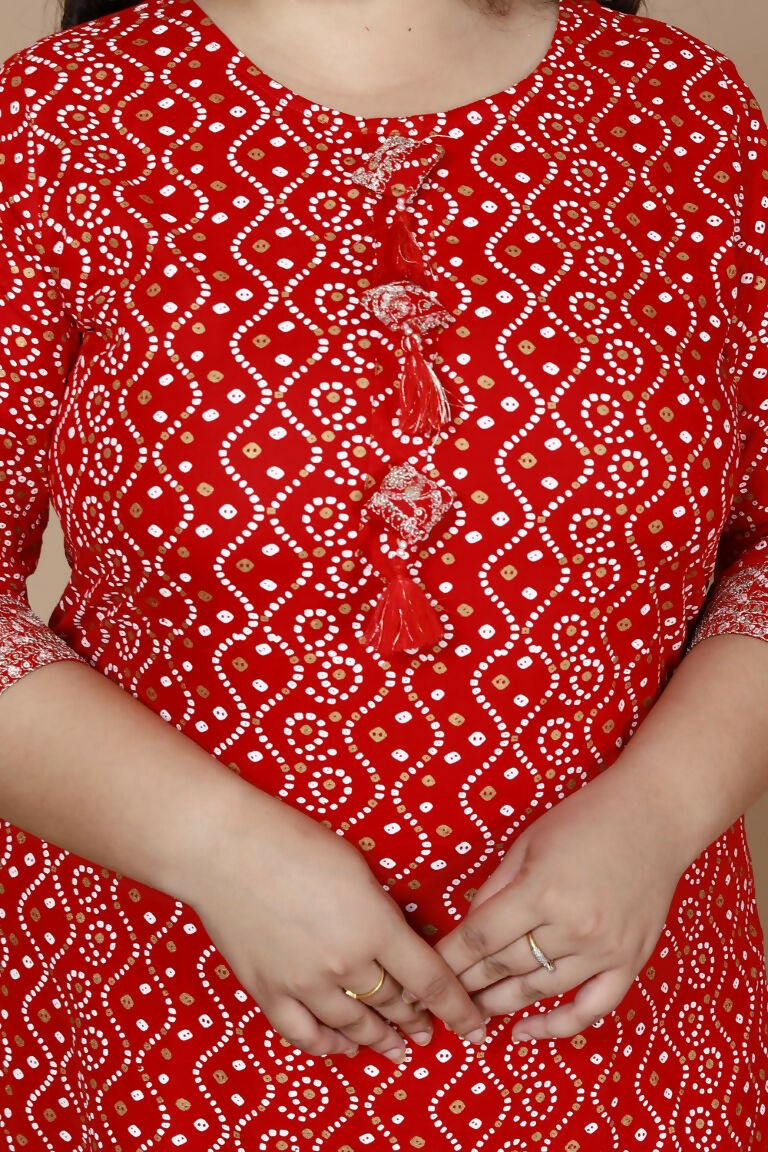 Miravan Women's Plus Size Festive Wear Red Bandhani Printed Straight Kurta | Grocsy