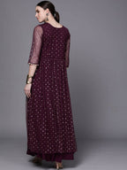 Ahalyaa Women Burgundy Polka Dots Fit & Flare Maxi Ethnic Dress | Grocsy