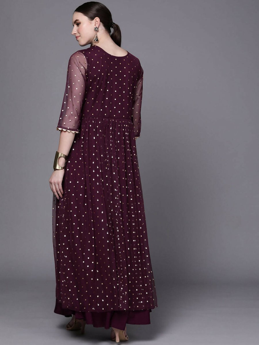 Ahalyaa Women Burgundy Polka Dots Fit & Flare Maxi Ethnic Dress | Grocsy