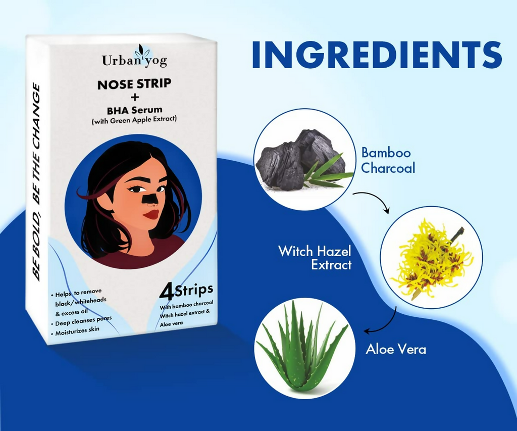 Urban Yog Nose Strip for Blackheads & Whiteheads Removal (4 Strips) + BHA Serum | Grocsy