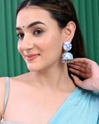 VOJ Set Of 2 Earrings- Blue Printed Jhumka With Black AD Studded Drop Earrings
