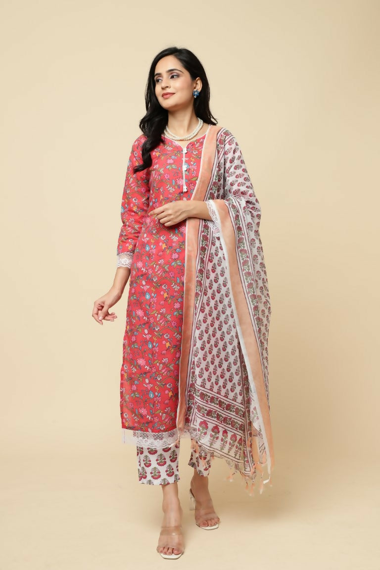Designer Stylish Red Cotton Blend Stitched Suit With Dupatta - Tanisha | Grocsy