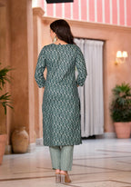 Juniper Women's Green Floral Printed Cotton Kurta Set With Thread & Mirror Work | Grocsy