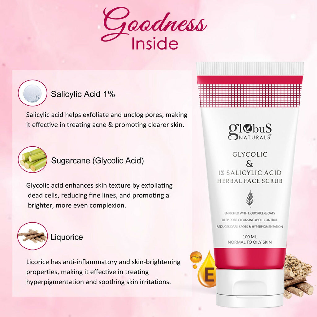 Globus Naturals Glycolic & 1% Salicylic Acid Herbal Anti Acne Face Scrub | Grocsy