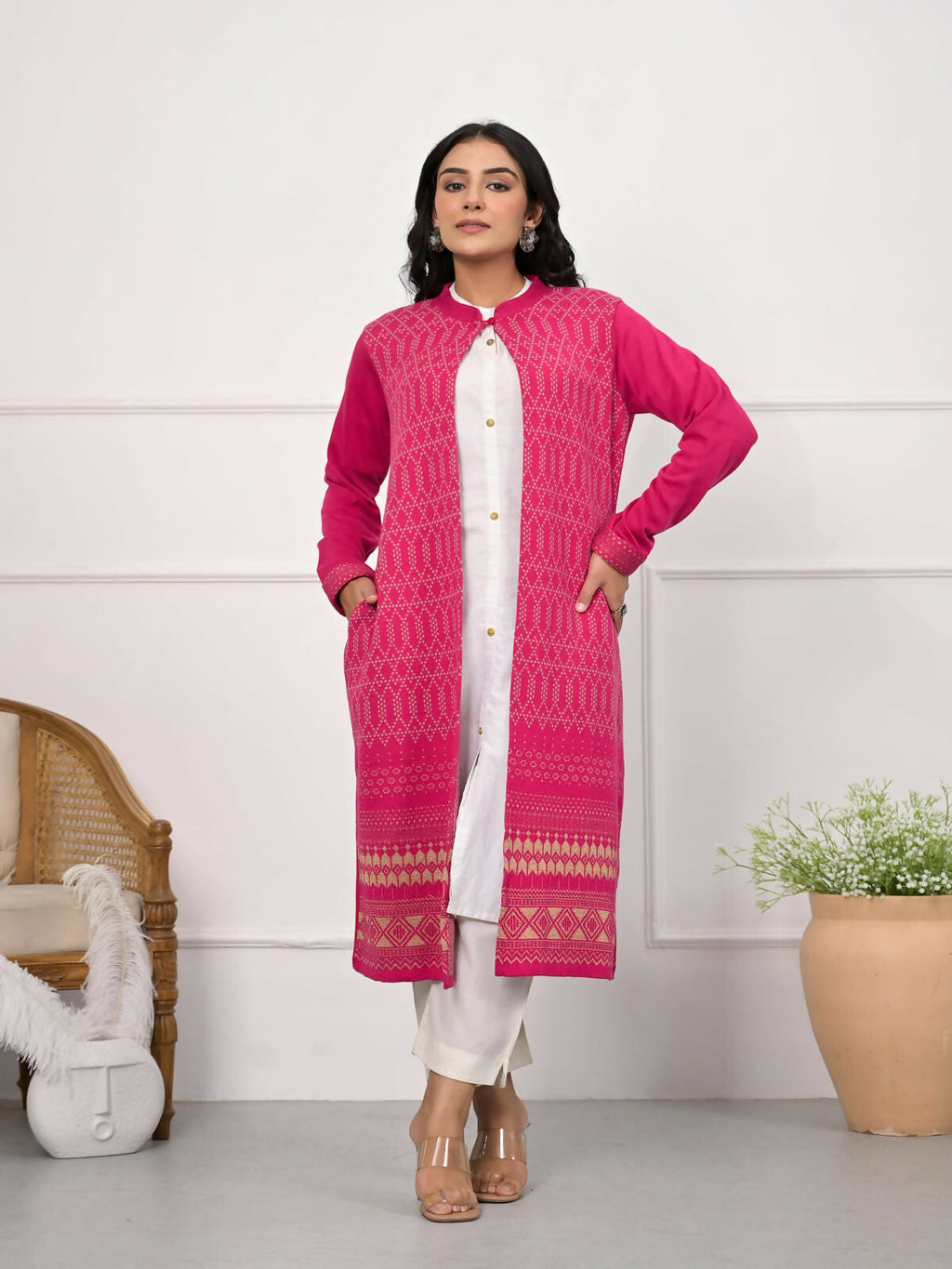 Juniper Women's Pink Ethnic Motif Printed Cotton Long Winter Wear Jacket | Grocsy