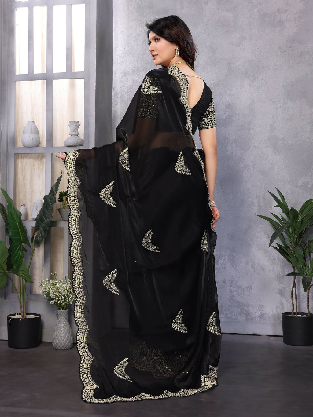 Vastranavya Black Embroidery Work Shimmer Chiffon Saree with Unstitched Blouse | Grocsy