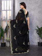 Vastranavya Black Embroidery Work Shimmer Chiffon Saree with Unstitched Blouse | Grocsy