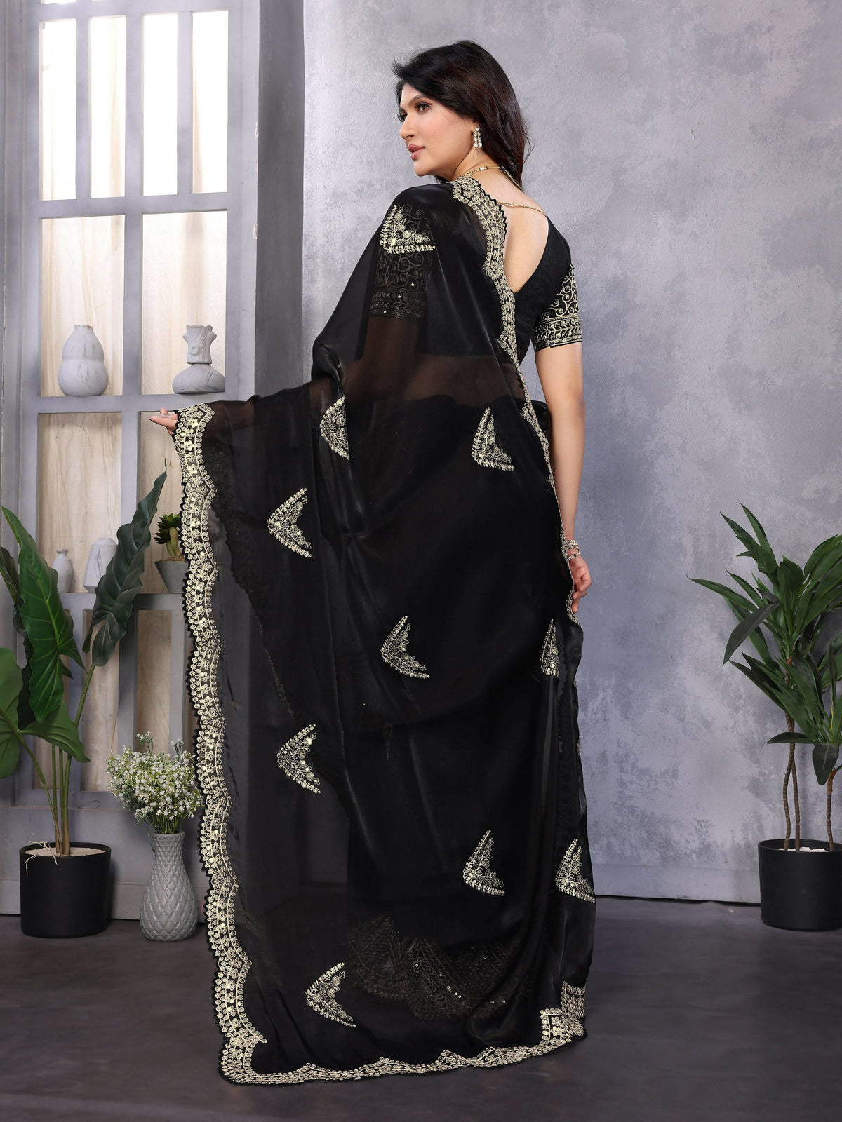 Vastranavya Black Embroidery Work Shimmer Chiffon Saree with Unstitched Blouse | Grocsy