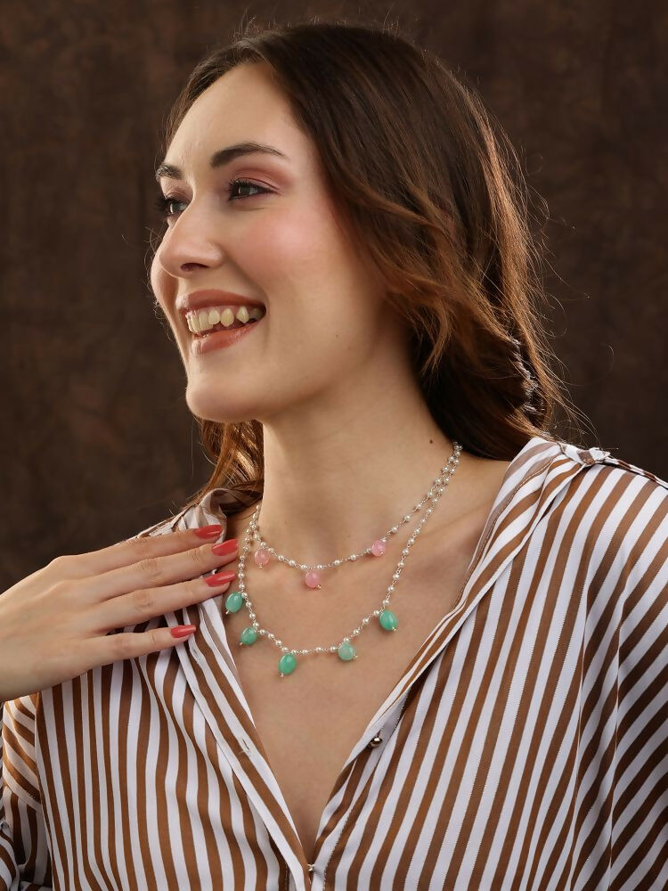 Beaded Green and Pink Motif Necklace - Ruby Raang | Grocsy