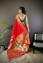 Joban Fashion Red Zari Woven Floral Motifs Soft Silk Paithani Silk Saree | Grocsy