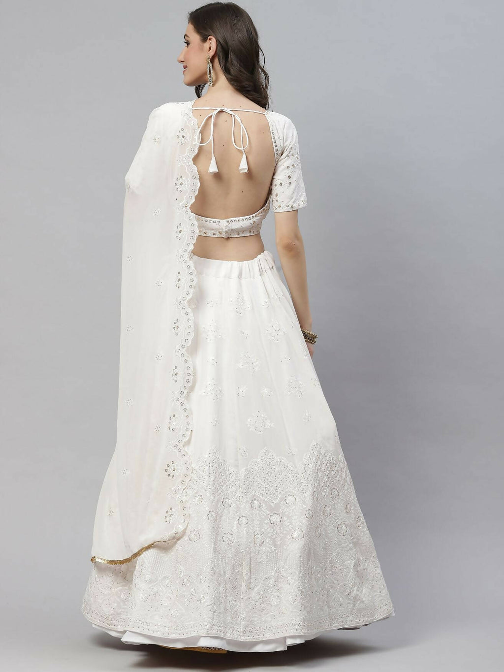 White Georgette Thread with Sequins Embroidered work Lehenga Choli with Dupatta - Jivika | Grocsy