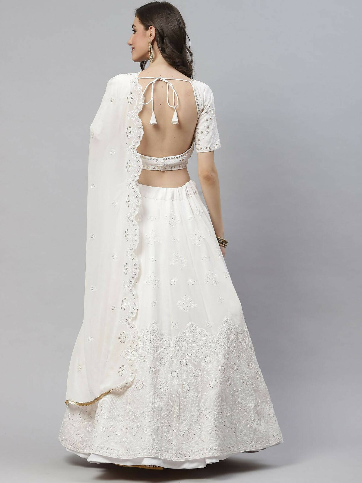 White Georgette Thread with Sequins Embroidered work Lehenga Choli with Dupatta - Jivika | Grocsy