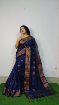 Exclusive Collection Beautiful Navy Blue Cotton Silk Woven Handloom Saree With Running Blouse Piece | Grocsy