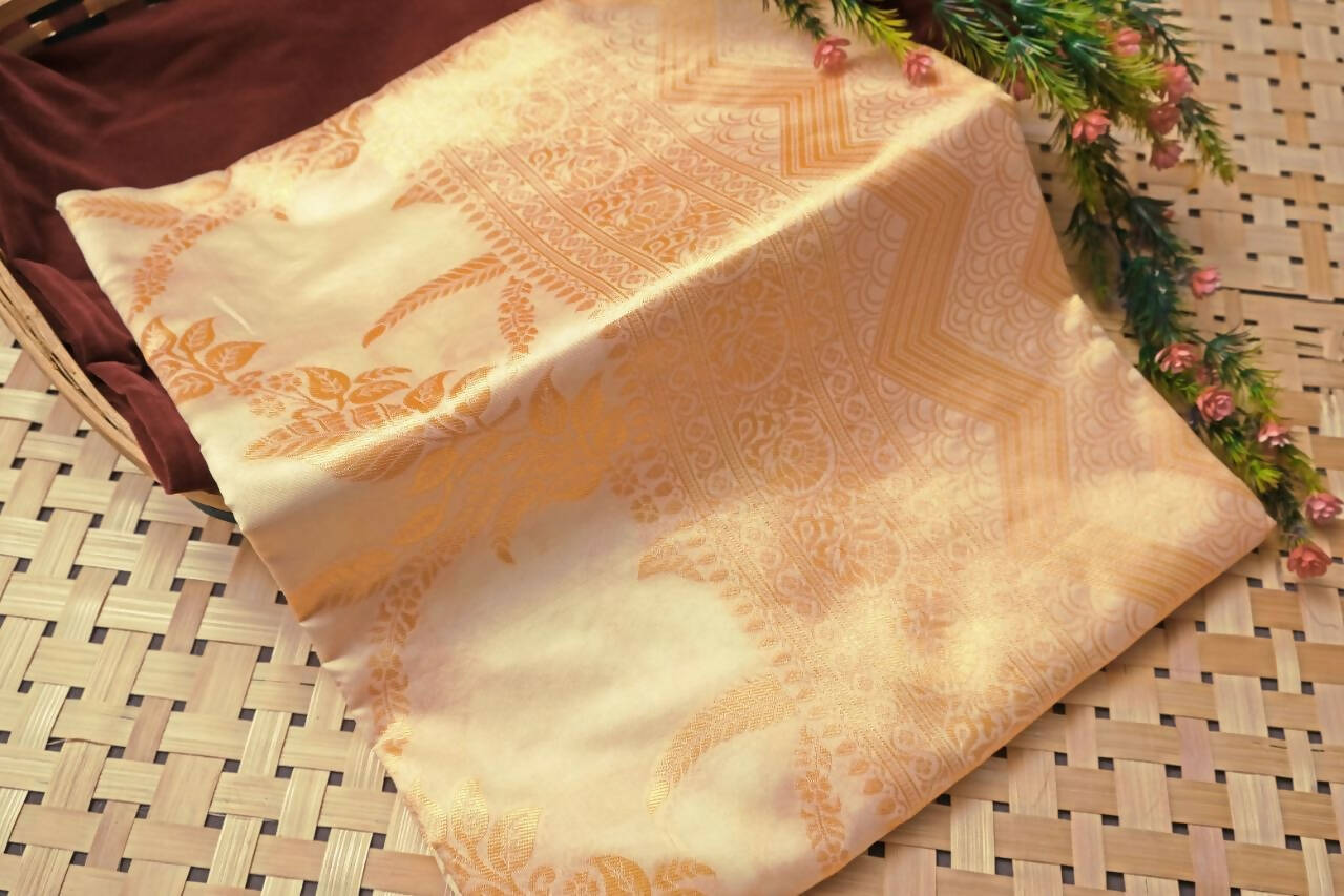 DEIANA'S Beautiful Designer Golden zari Soft Lichi Silk Saree - Cream | Grocsy