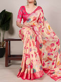 Vastranavya Cream Tussar Silk Printed with Viscose Border Saree with Unstitched Blouse | Grocsy