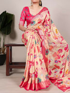 Vastranavya Cream Tussar Silk Printed with Viscose Border Saree with Unstitched Blouse | Grocsy