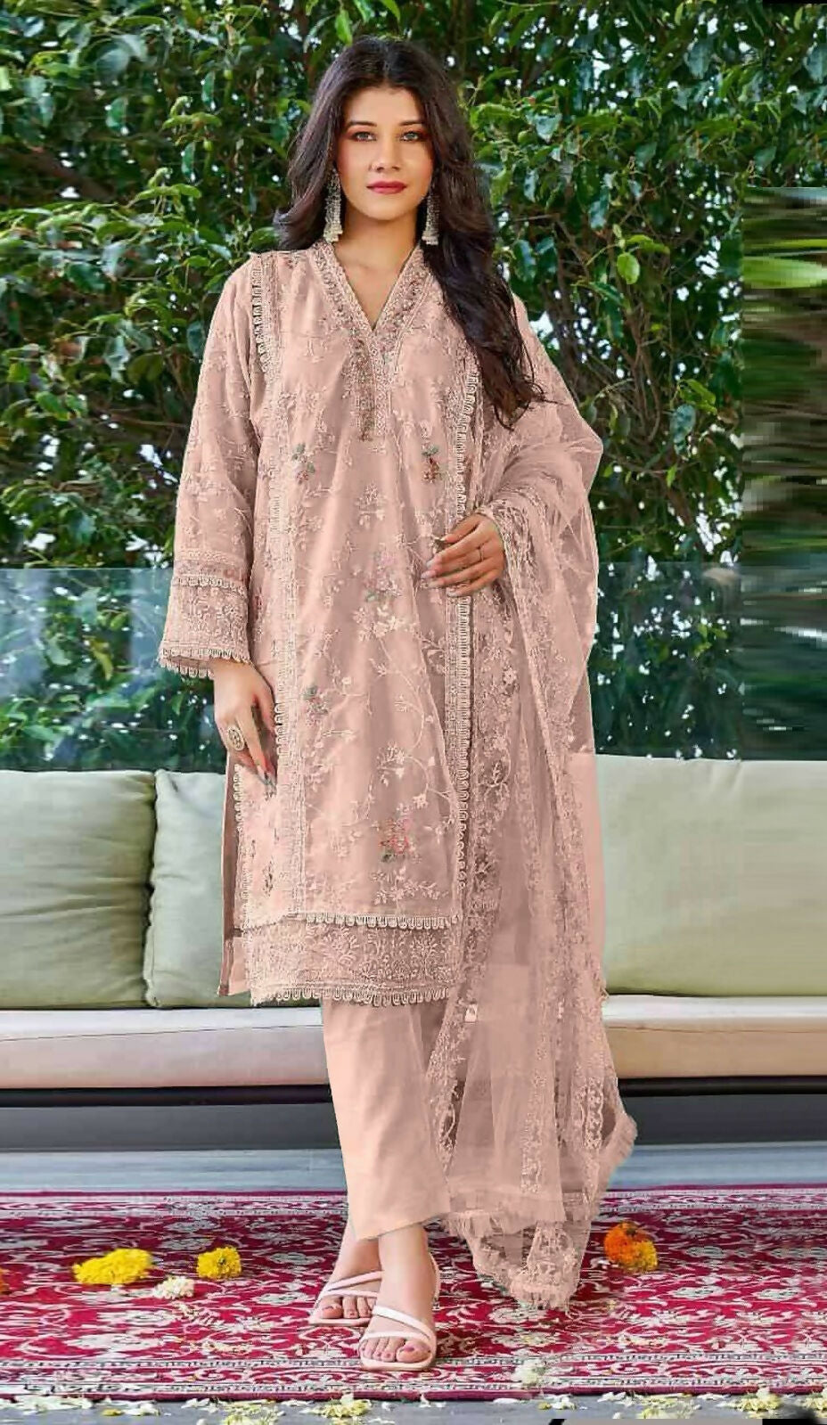 Anaita Peach Embroidered Organza Stitched Salwar Suit | Grocsy