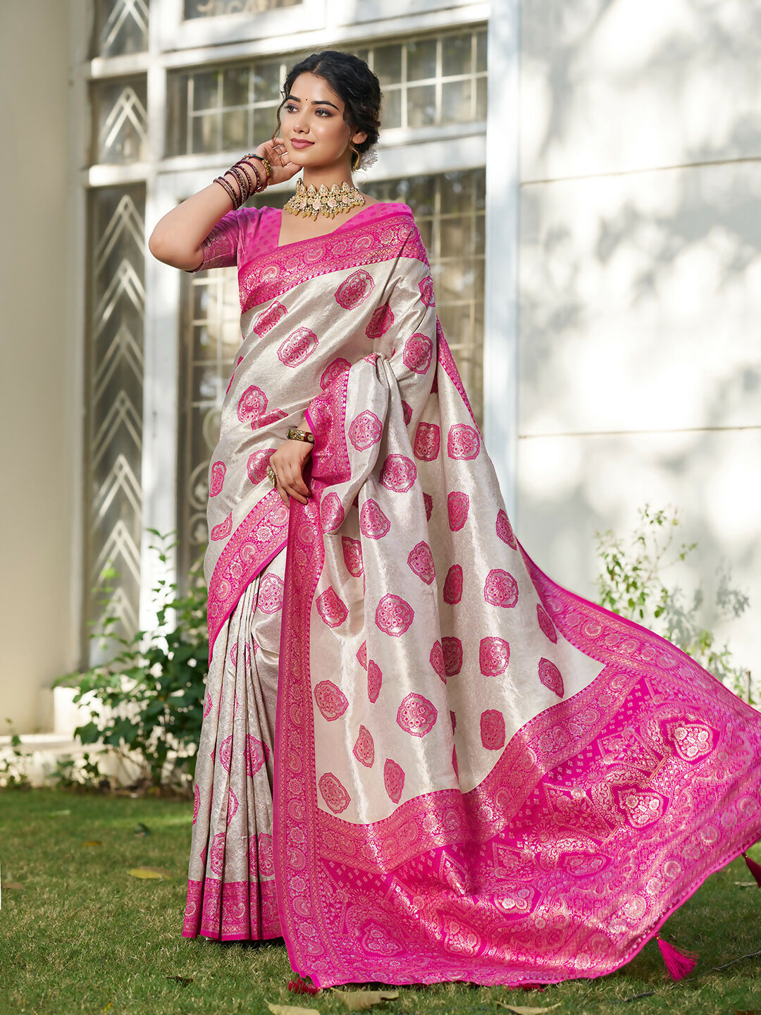 Shree Shyam Fashion Cream With Pink Silk Blend Saree | Grocsy