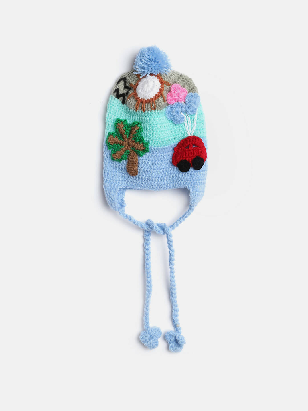 Chutput Kids Woollen Hand Knitted Trip Scenery Bobble Detailed Cap - Blue | Grocsy