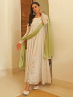 Janasya Women's White Chiffon Lurex Foil Printed Festive Anarkali Kurta Set | Grocsy
