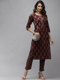 Yufta Women Maroon Ethnic Motifs Regular Sequinned Pure Cotton Kurta with Trouser | Grocsy