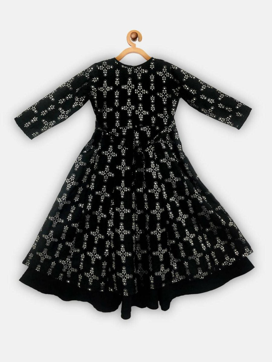 Ahalyaa Black Chanderi Gold Foil Printed Kids Dress For Girls | Grocsy