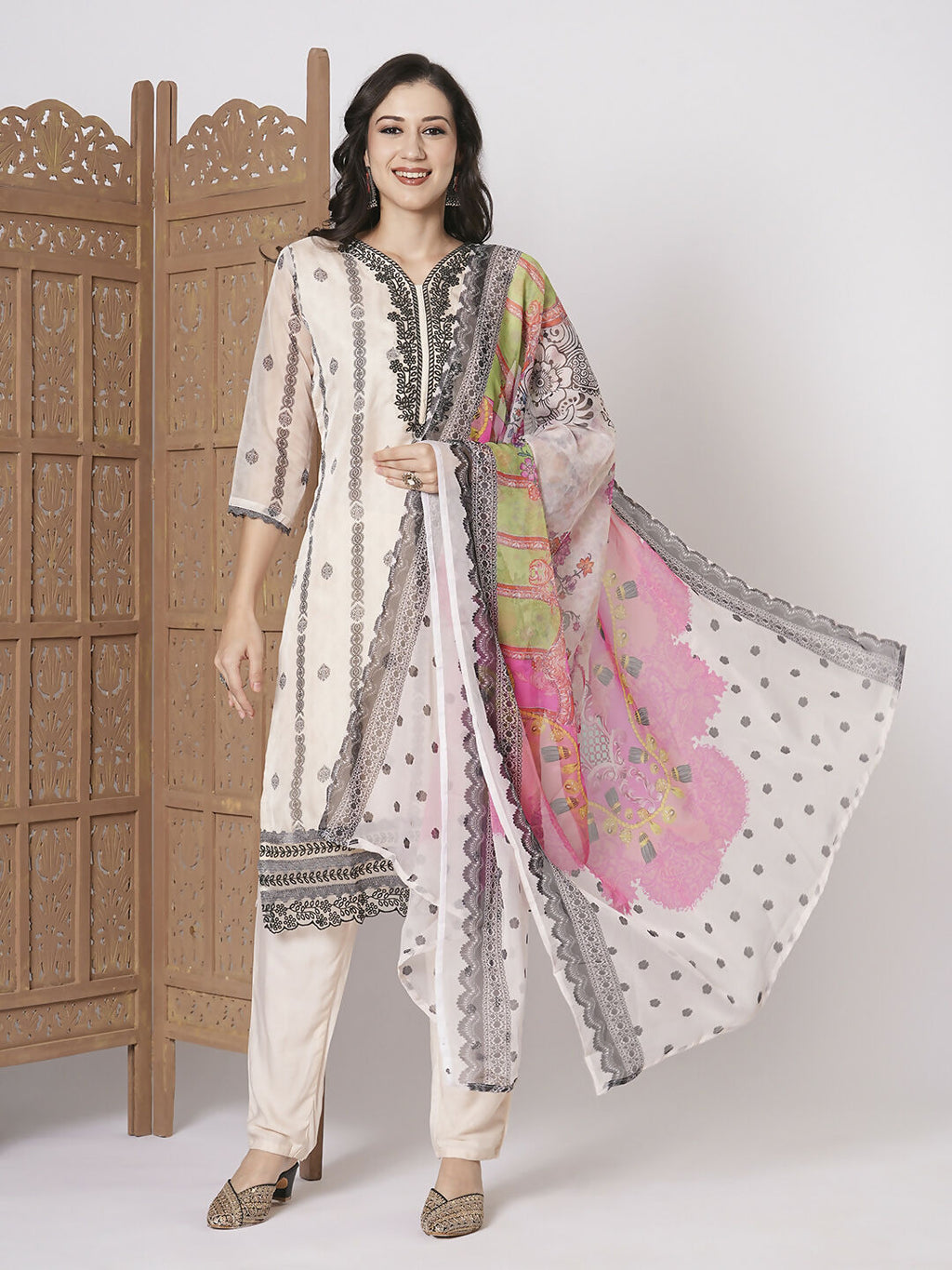 Off White Taby Silk Embroidery Work, Printed Kurta Set - Riya | Grocsy