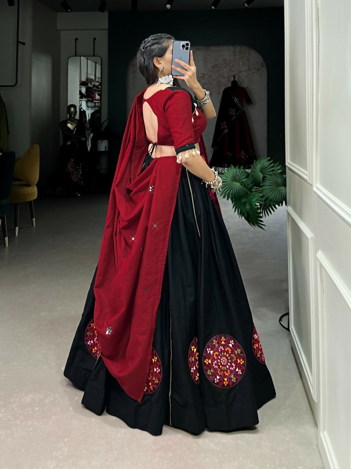 Vastranavya Navaratri Special Pure Cotton Gamthi Patch Work With Gota Patti Touch Up Lehenga Stitched Choli - Black | Grocsy