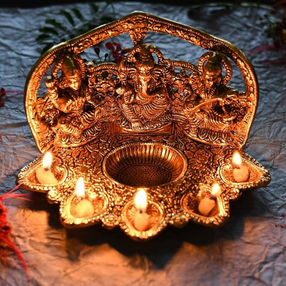 Collectible India Laxmi Ganesh Saraswati Idol Diya Oil Lamp Deepak | Grocsy