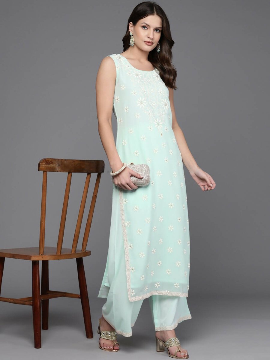 Ahalyaa Women Floral Embroidered Regular Kurta with Palazzos - Blue Color | Grocsy