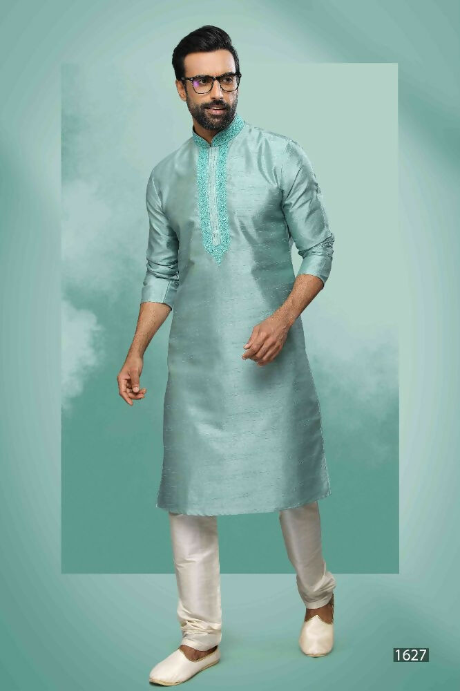 Raivat Ethnic Art Silk Mirror Embroidery Work Kurta Pajama In Sea Green Colour | Grocsy