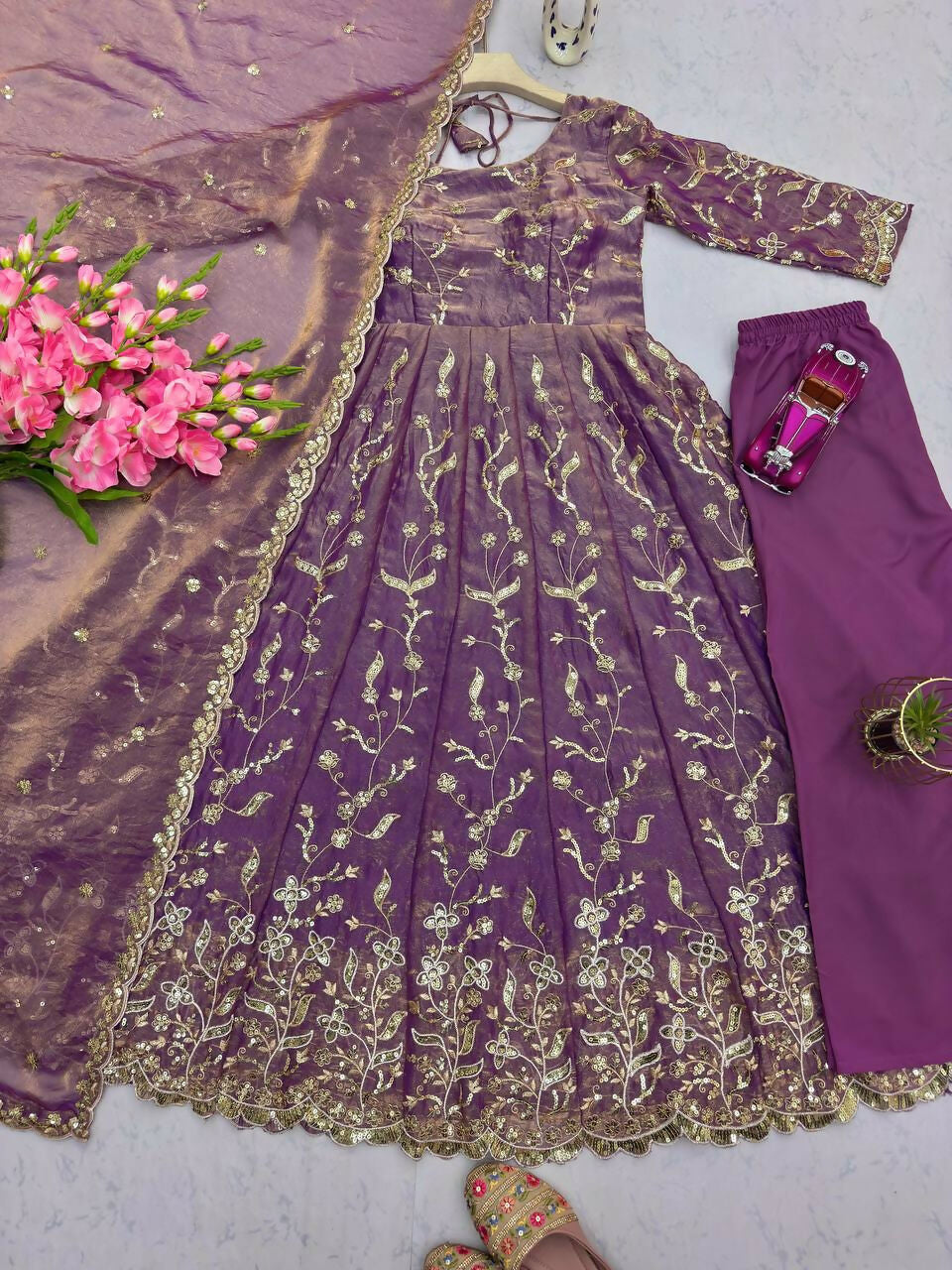 Teeya Creation Onion Color Faux Georgette Long Party Wear Gown | Grocsy