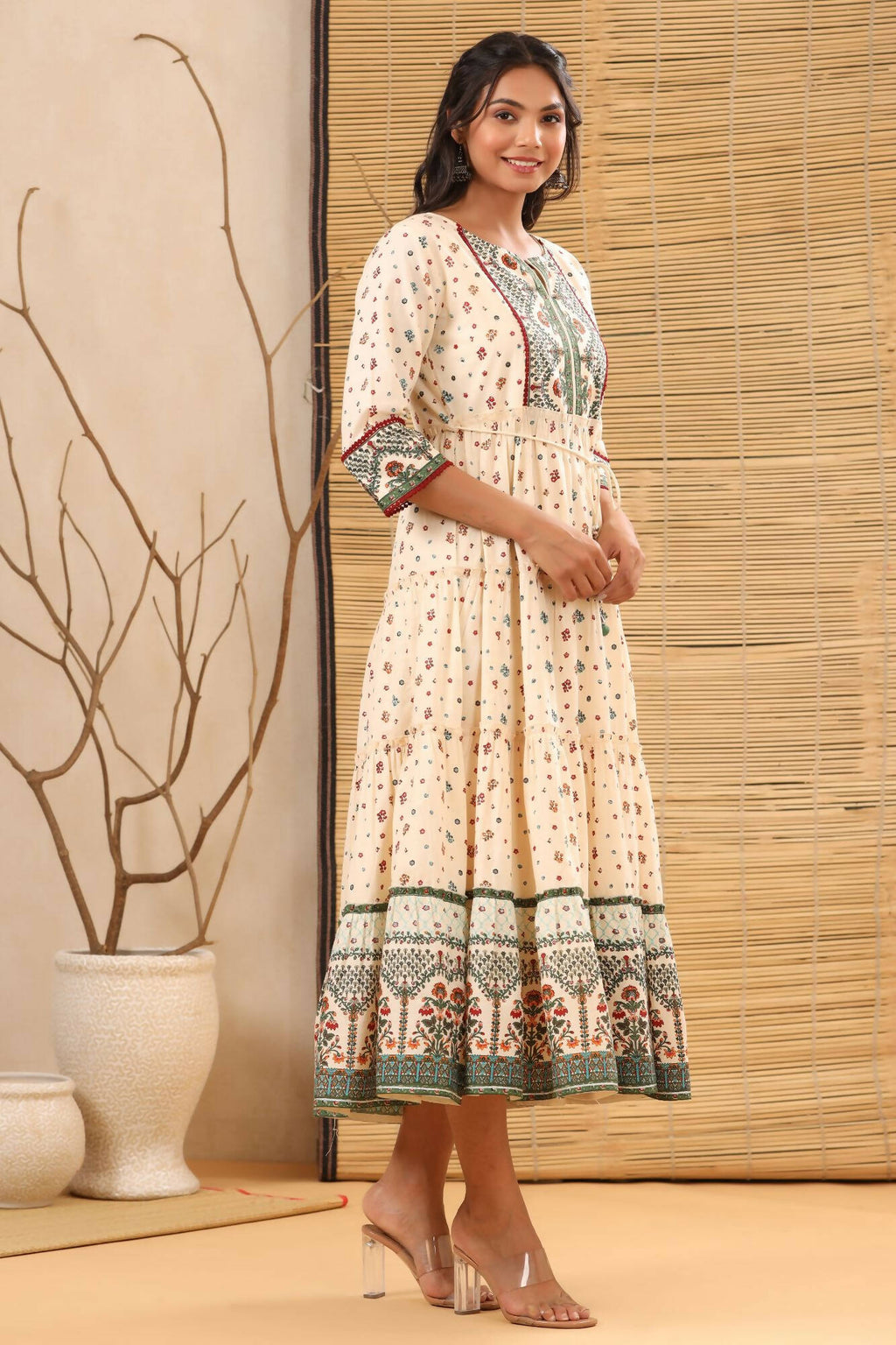 Juniper Women Ivory Cambric Printed Tiered Dress | Grocsy