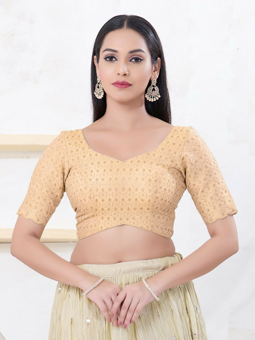 Joban Fashion Light-Gold Tissue Elbow Sleeveless Back Open Blouse | Grocsy