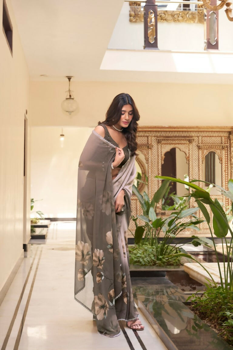 Vastranavya Chiku Weightless Marble Printed & Trim Lace Border Saree with Unstitched Blouse | Grocsy