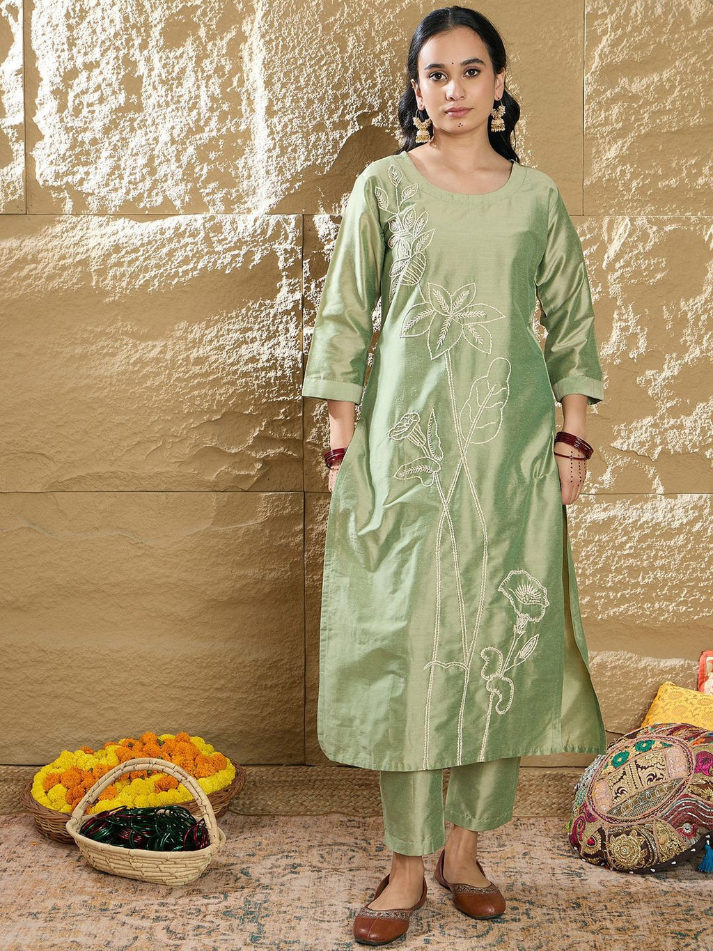 Indo Era Women Floral Embroidered Regular Thread Work Kurta with Trousers | Grocsy
