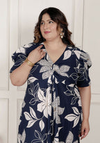 Miravan Womens Plus Size Blue Flower Printed Puff Sleeve Cotton Butterfly Maxi Dress | Grocsy
