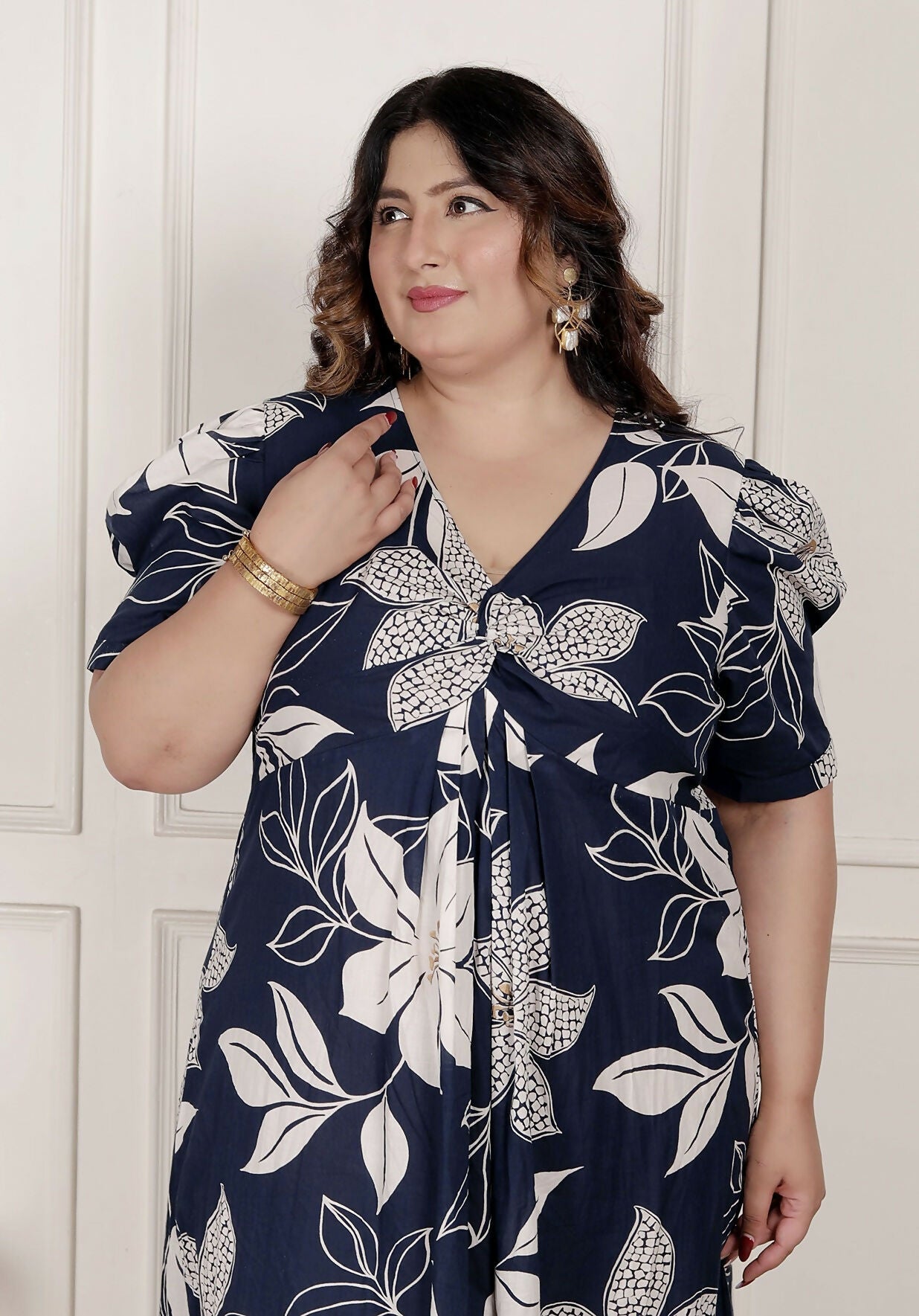 Miravan Womens Plus Size Blue Flower Printed Puff Sleeve Cotton Butterfly Maxi Dress | Grocsy