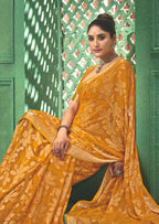 Joban Fashion Yellow Dull Moss Brasso With Kasab Zari Border Saree & Tassels With Brasso Blouse | Grocsy