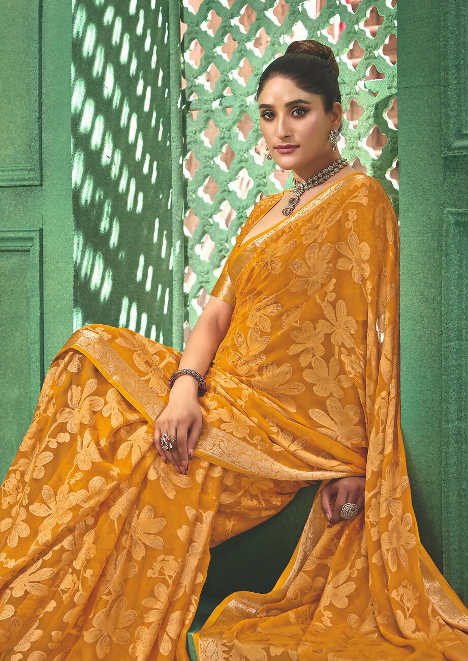 Joban Fashion Yellow Dull Moss Brasso With Kasab Zari Border Saree & Tassels With Brasso Blouse | Grocsy