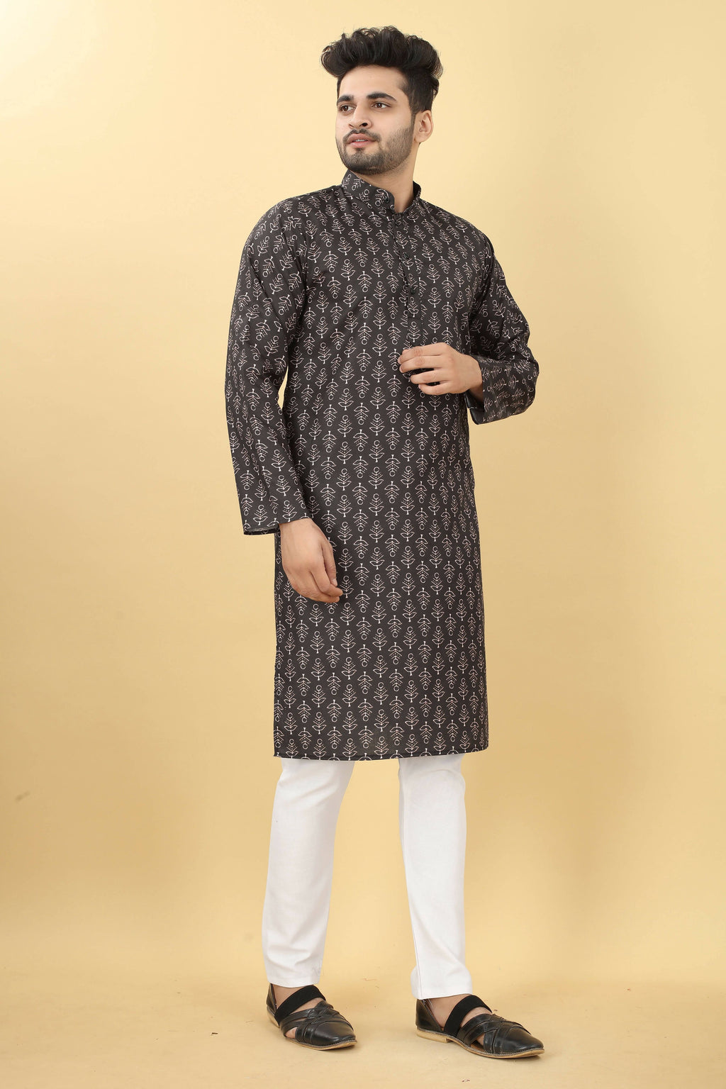 Black Cotton Printed Men's Kurta - Mahotsav | Grocsy