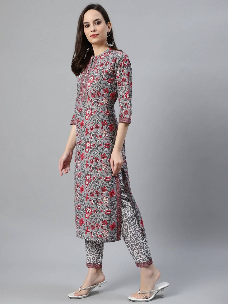 Vamika Grey Printed Cotton Party/Casual Wear Kurta Set/Suit | Grocsy