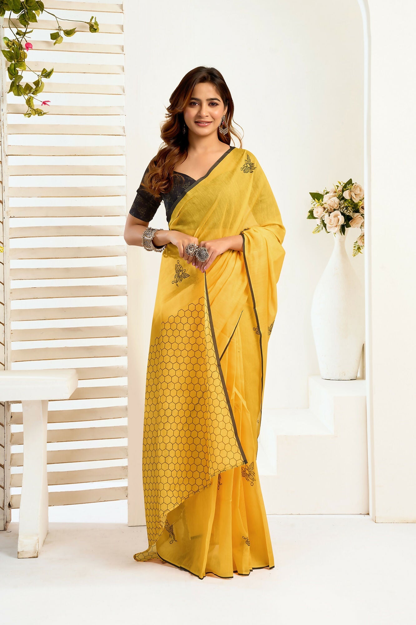 Vastranavya Mustard Digital Printed Linen Ready To Wear Designer Saree with Unstitched Blouse | Grocsy